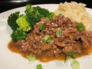 Beef Mongolian Keto Style with broccoli and cauliflower rice