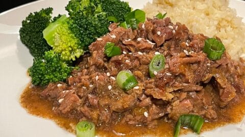 Beef Mongolian Keto Style with broccoli and cauliflower rice
