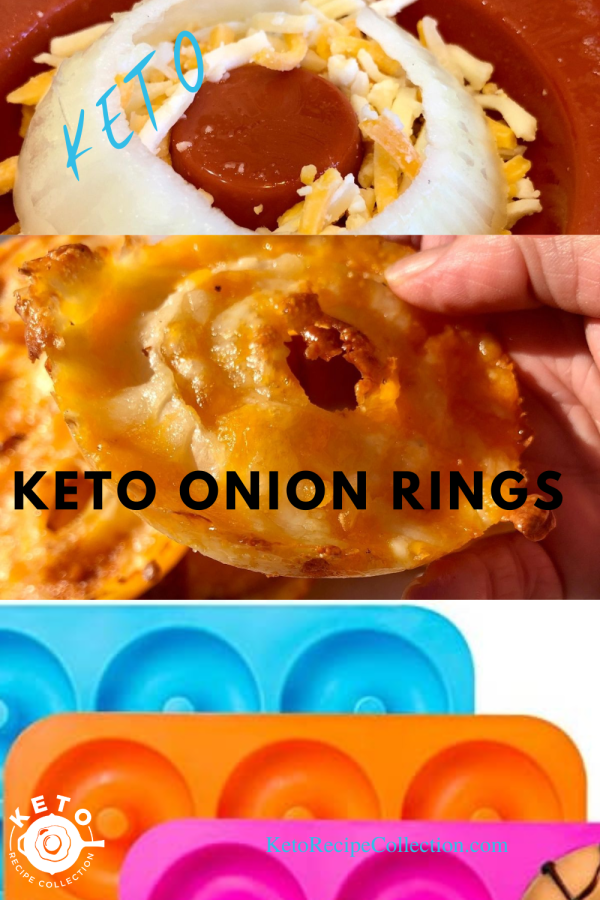 3 photos showing uncooked onion rings, cooked rings, and silicone pans used