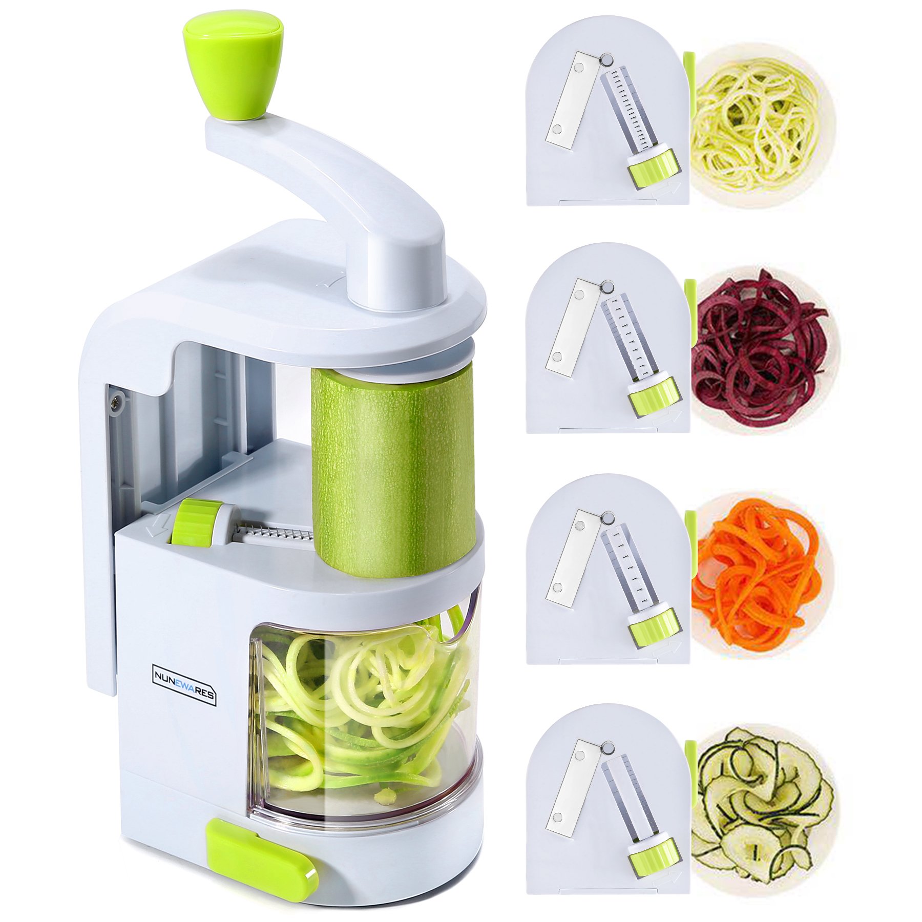 white and green spiralizer with attachments and vegetables - zucchini, carrots, etc.