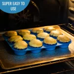 muffins in blue pan in oven