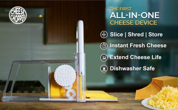 white and clear plastic cheese grater slicing yellow cheese